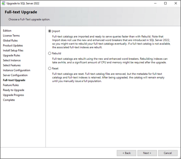 Screenshot of the step "Full-text Upgrade"; confirmation of the option "Import".