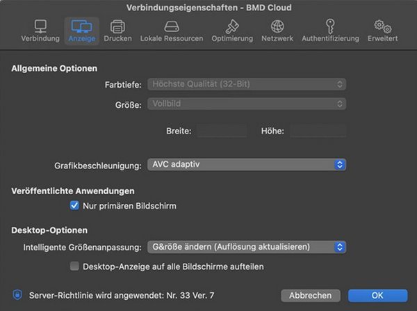Screenshot der Verbindungseigenschaften und des Reiters "Anzeige" und der Checkbox "Nur primären Bildschirm" im Parallels Client. 