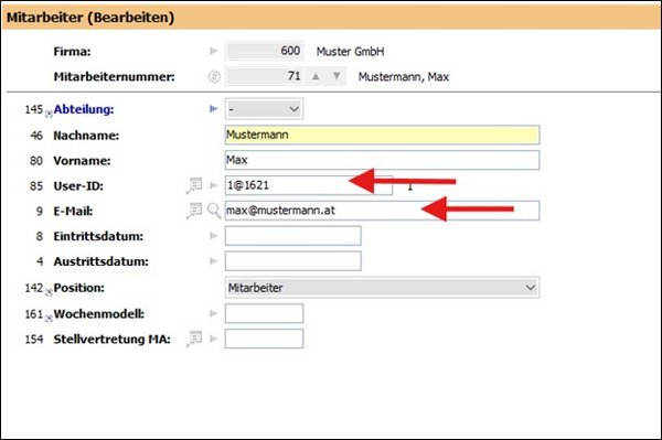 Das Bild zeigt einen Screenshot der Mitarbeiterstammdaten die bearbeitet werden