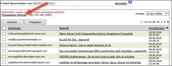 Screenshot der Option „Freigegebene Absender“, um eine ganze Domain auf Ihre Whitelist zu setzen.