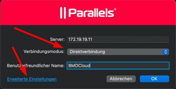 Screenshot des Verbindungsmodus "Direktverbindung" und die Option erweiterte Einstellungen zu treffen.