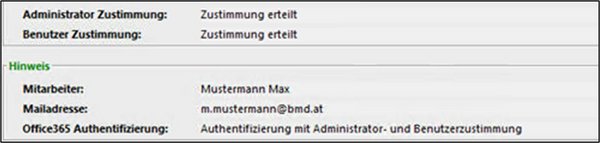 Der Screenshot zeigt den Status der Zustimmungen von Benutzer und Administrator sowie weitere Detail-Infos.