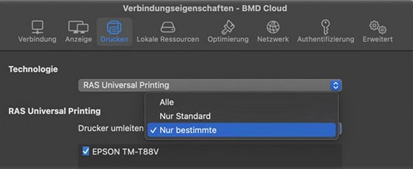 Screenshot der Verbindungseigenschaften und des Reiters "Drucken" im Parallels Client. 