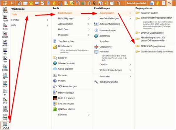 Screenshot der BMD 5.5 Zugangsdaten in den Einstellungen.