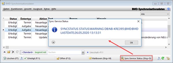 Zu sehen ist ein Screenshot mit einem Info Fenster, hier wird angezeigt ob der SyncService aktuell erreichbar ist