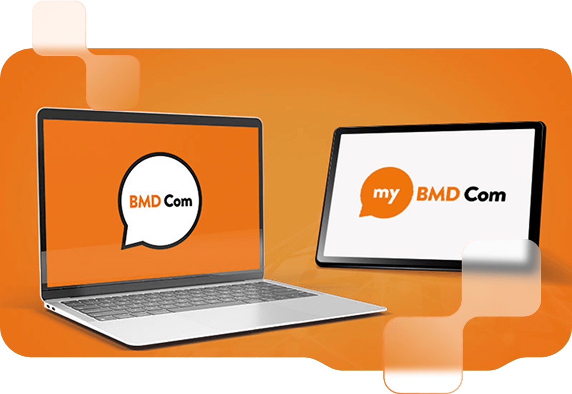 Eine Grafik, auf dieser ist ein Bildschirm mit dem Logo von BMD Com abgebildet. Daneben befindet sich ein Tablet, auf dessen Bildschirm das my BMD Com Logo angezeigt wird.