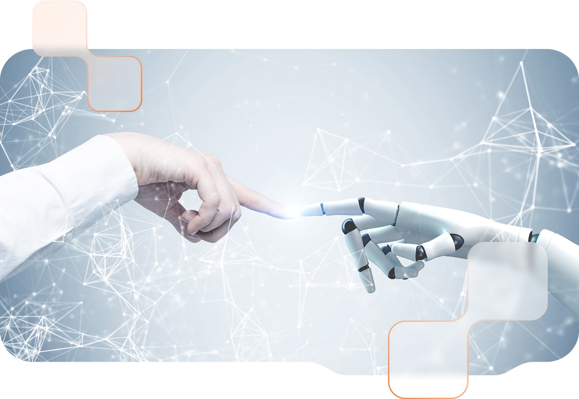 KI bei BMD Menschliche Hand und Roboterhand berühren sich mit Zeigefinger