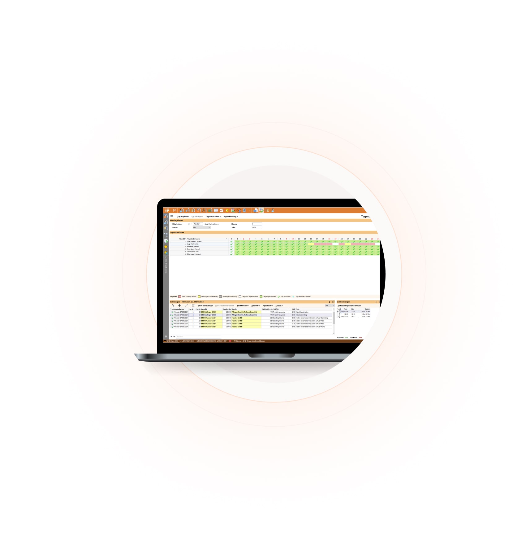 BMD Projektzeiterfassungssoftware Tagesabschluss Screenshot vom Tagesabschluss in der BMD Projektzeiterfassungssoftware