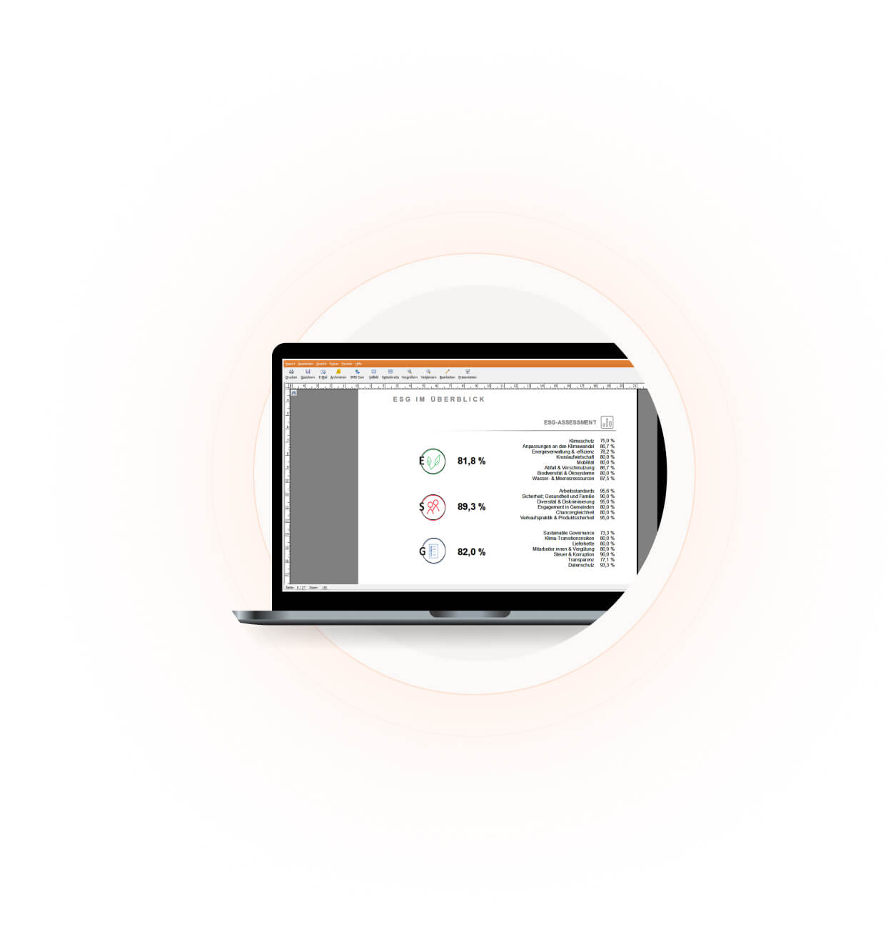 Screenshot BMD ESG Screening Tool mit Überblick über die ESG Bereiche.