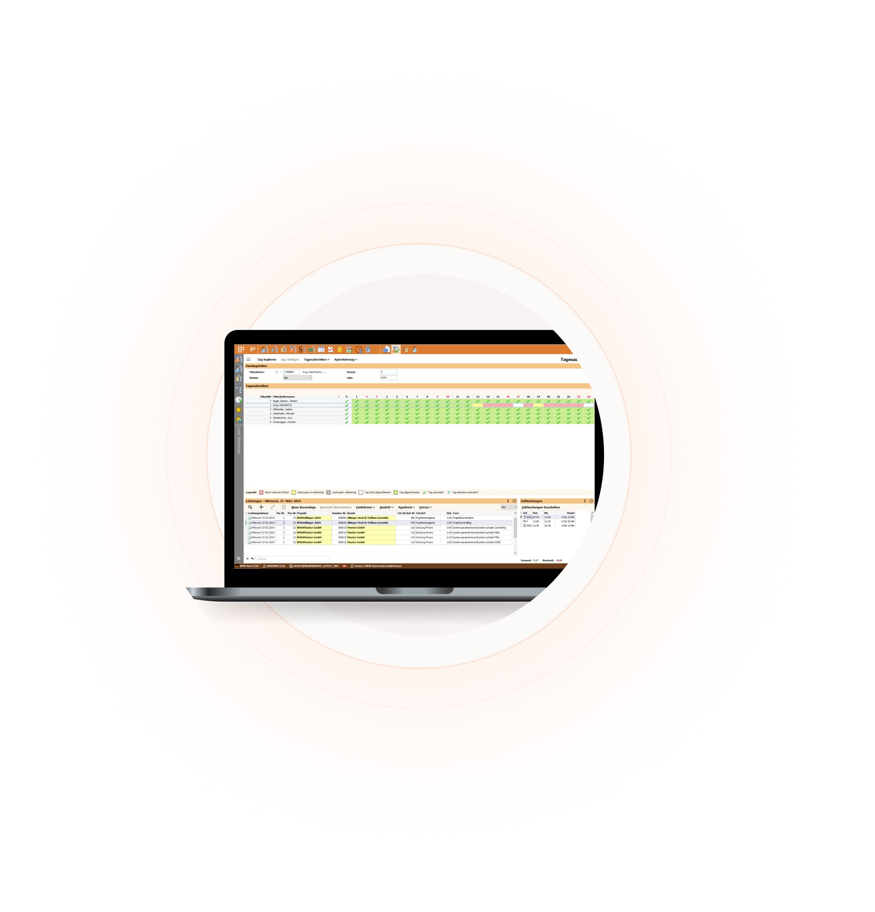 BMD Leistungserfassungssoftware Tagesabschluss Screenshot vom Tagesabschluss in der BMD Leistungserfassungssoftware
