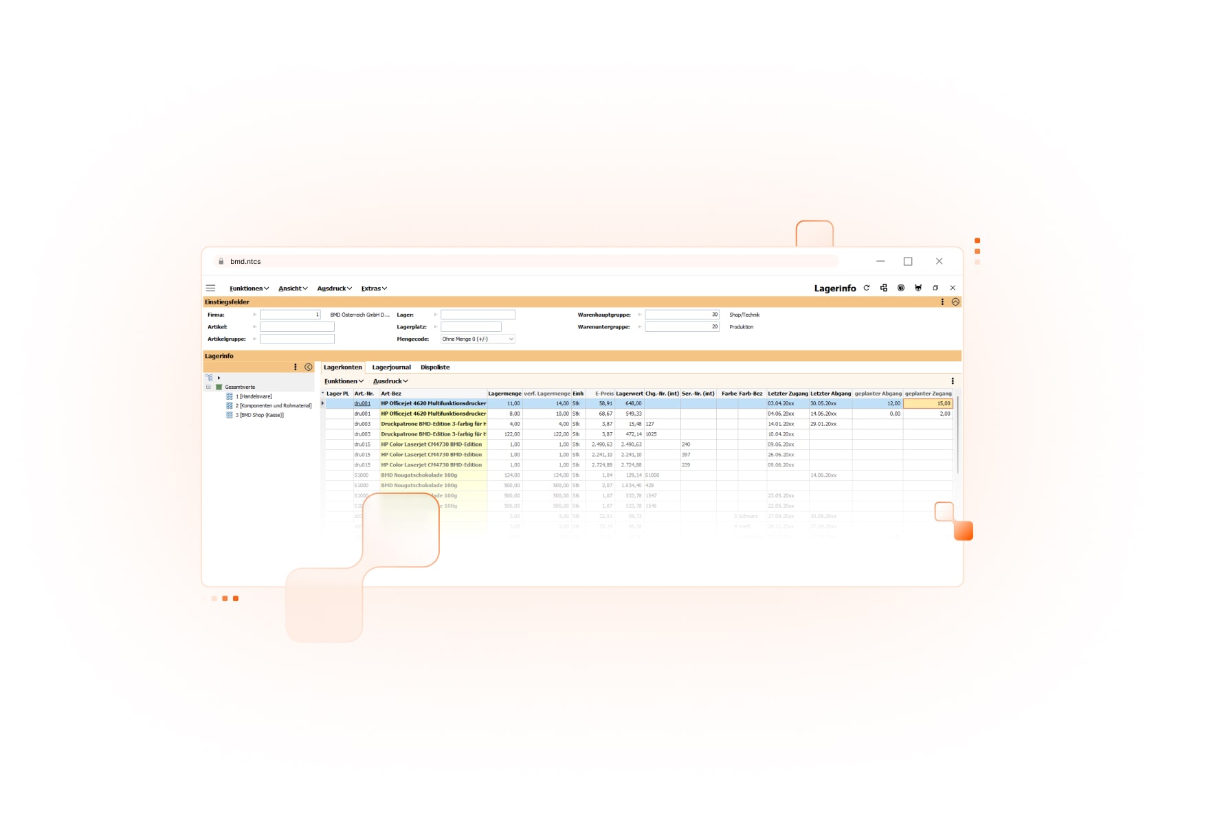 Screenshot der BMD Warenwirtschaft mit Lagerübersicht. 