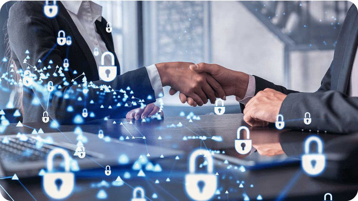 Business Handshake mit Hologrammen die Schlüsselschlösser andeuten.