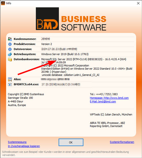 Information zur Datenbankversion