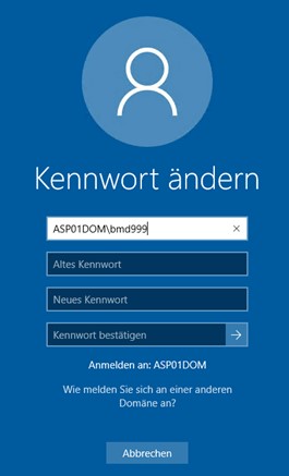 Screenshot der Eingaben bei der Option "Kennwort ändern".