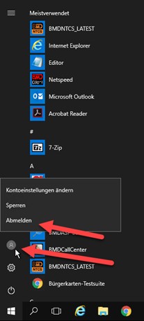 Screenshot des Windows-Startmenüs und des Usersymbols mit der Option "Abmelden".