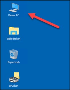 Screenshot des Standarddesktop mit Pfeil auf "Dieser PC".