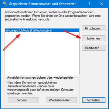 Screenshot der alte Zugangsdaten mit der Option diese zu entfernen.