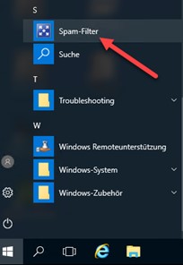 Screenshot des Spam-Filters über das Windows-Startmenü.