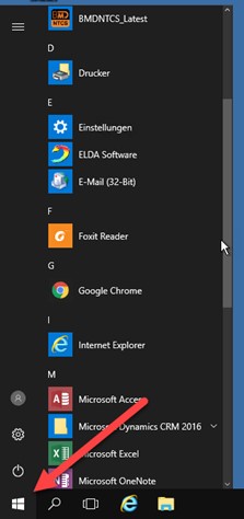 Screenshot des Startmenüs links unten.