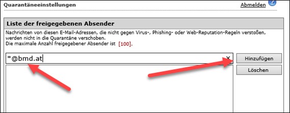 Screenshot der Liste der freigegebenen Absender mit der Option weitere hinzuzufügen.
