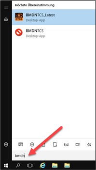 Screenshot der Suche im Windows-Startmenü, in diesem Fall mit dem Suchbegriff "BMDNTCS".