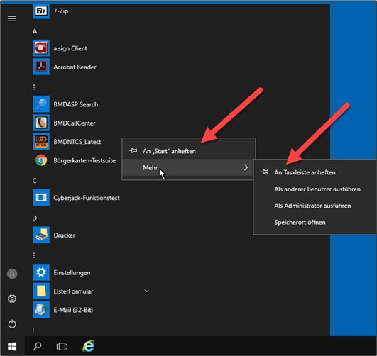 Screenshot der Option die Verknüpfungen "An Taskleiste anheften".