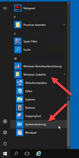Screenshot der Auswahl Systemsteuerung im Windows-Startmenü.