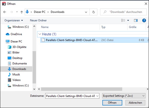 Screenshot des Ordners "Downloads" und der Datei mit den Parallels Clienteinstellungen.
