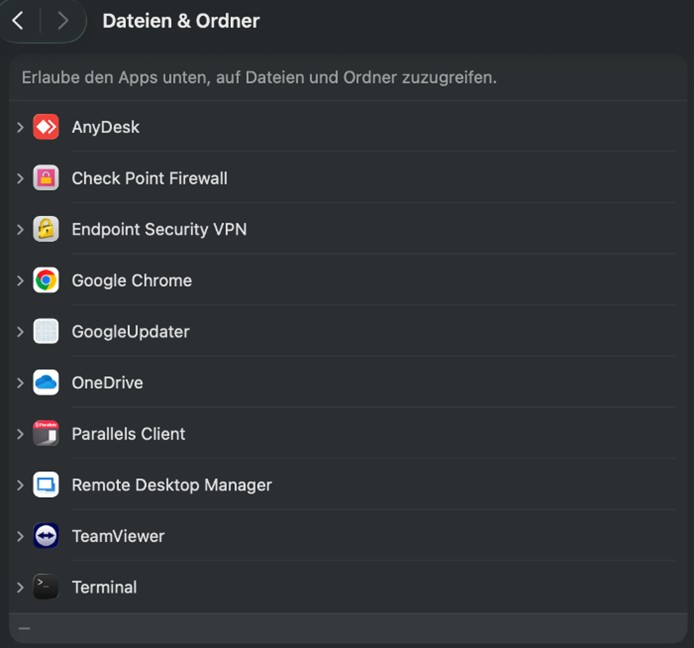 Screenshot der Freigabe von Dateien und Ordner für den Parallels Client.