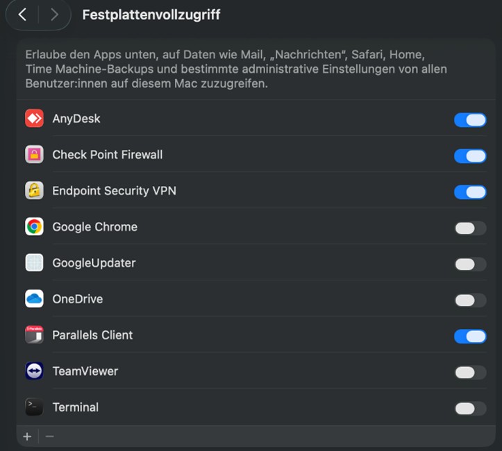 Screenshot des Festplattenvollzugriffs mit der Möglichkeit die Freigabe für den Parallels Client zu erteilen. 