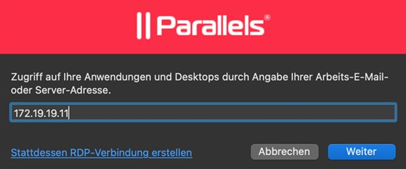 Screenshot der Eingabemöglichkeit der Server-Adresse.