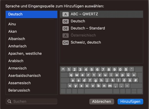 Screenshot der Tastatureinstellungen und die Möglichkeit die Einstellung auf Deutsch zu setzen und hinzuzufügen.