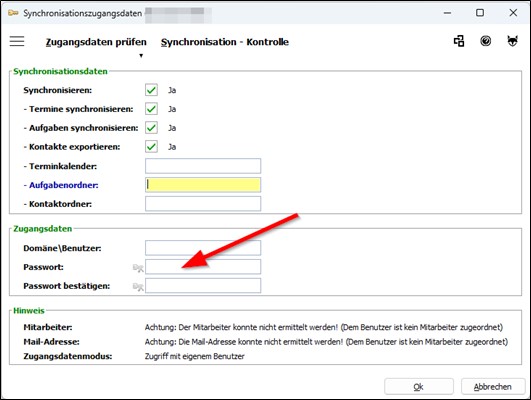 Screenshot der Aktualisierung der Synchronisationszugangsdaten. Die Eingabe des Passworts ist hervorgehoben.