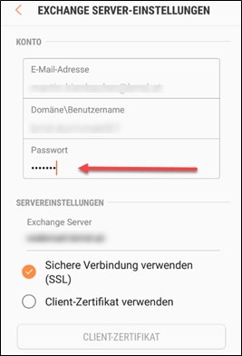Screenshot der Exchange Server-Einstellungen am Handy/Tablet.