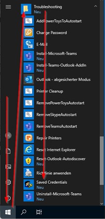 Screenshot der Navigation über das Windows Startmenü mit Hervorhebung des Ordners "Troubleshooting" und "Saved Credentials".