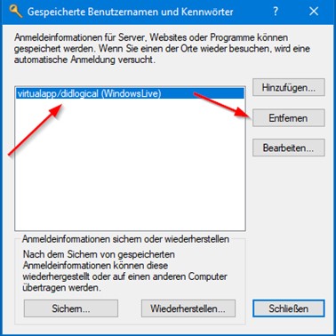 Screenshot der gespeicherten Benutzernamen und Kennwörter mit den hinterlegten Anmeldedaten "virtualapp/didlogical (WindowsLive)" markieren und mit der Schaltfläche "Entfernen" löschen.