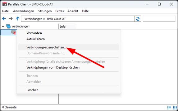 Screenshot des Parallels Client Kontextmenüs. Roter Pfeil zeigt auf "Verbindungseigenschaften".