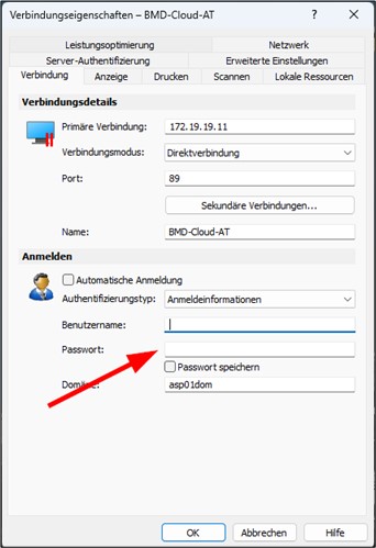 Screenshot der Verbindungseigenschaften im Parallels Client ab Parallels Version 19.3.1. Der rote Pfeil zeigt auf "Passwort".