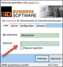 Screenshot der Passwortänderung im BMD NetSpeed Client. Pfeil zeigt auf die Passworteingabe.