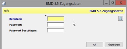 Screenshot der Eingabe der BMD 5.5 Zugangsdaten.