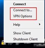 Screenshot der VPN-Client-Optionen, "Connect to..." und "VPN Options" sind hervorgehoben.