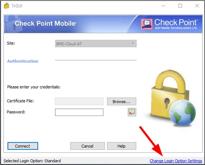 Screenshot der Option die Login-Einstellungen zu ändern. Der Pfeil zeigt auf "Change Login Option Settings".