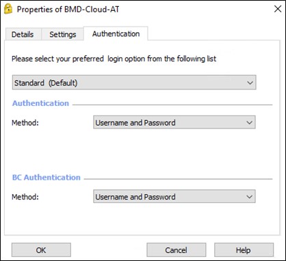 Screenshot der Methode unter „Authentication“ und der Änderung auf „Username and Password“. 