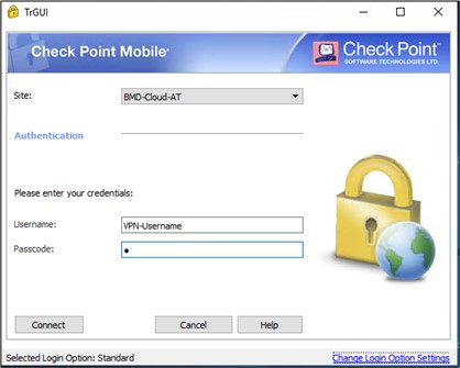 Screenshot des Login-Fensters "Check Point Mobile"