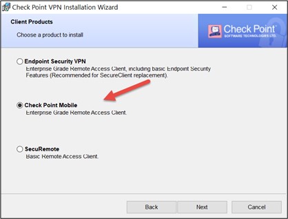 Screenshot der Installationseinstellung, der Pfeil zeigt auf "Check Point Mobile".