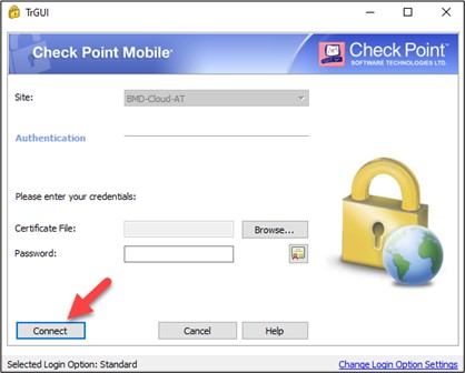 Screenshot der Zertifikat Einstellungen, der Pfeil zeigt auf "Connect".