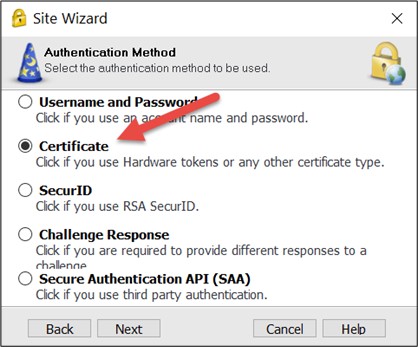Screenshot der Authentifizierungsmethode mit der Auswahl "Certificate".