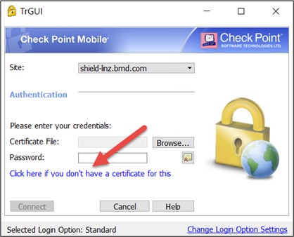 Screenshot der Einstellungen für "shield-linz.bmd.com" mit Pfeil auf "Click here if you don't have a certificate for this".