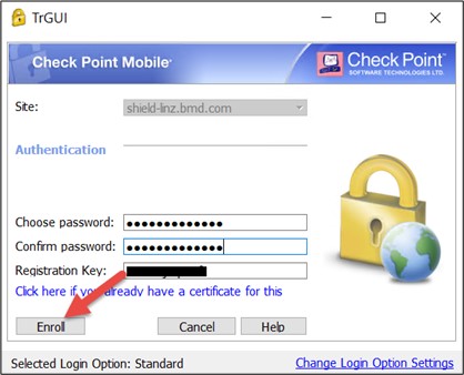 Screenshot der Passwortvergabe, der Pfeil zeigt auf "Enroll".