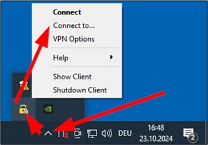 Screenshot des Checkpoint-Symbols in der Taskleiste, Pfeil zeigt auf "Connect to..."